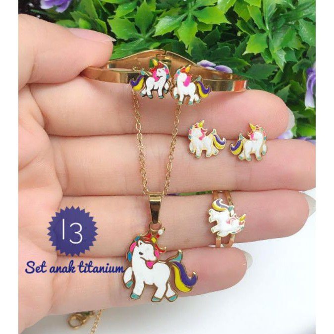 (FEB) Set Perhiasan TITANIUM ANAK Anti Karat Gelang Cincin Anting Kalung Kuda Poni Modis Xuping Gold