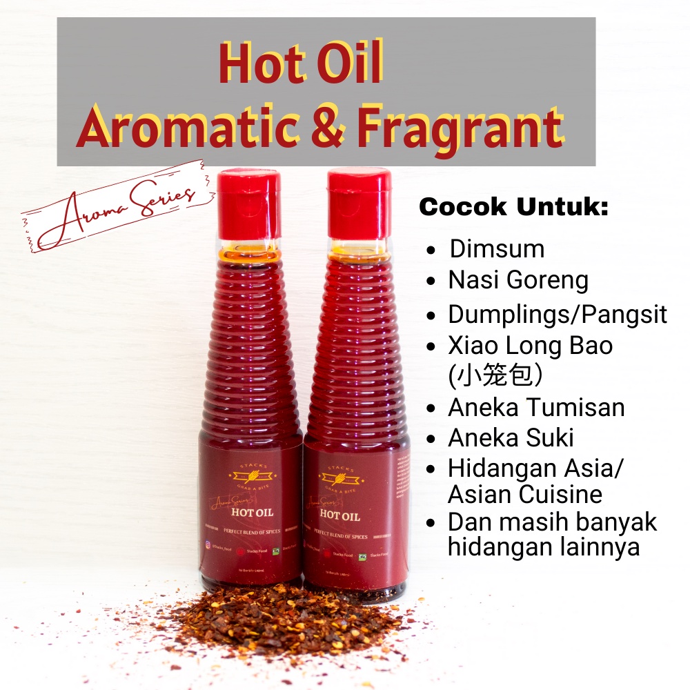 

Hot Oil by Stacks Food 140ml / Chili Oil / Minyak Cabai (Minyak Saja, Untuk pelengkap hidangan)