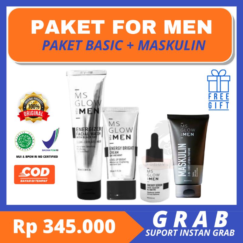 PAKET BASIC MS GLOW MEN + MASKULIN / SERUM / FACIAL WASH / ENERGI BRIGHT MS GLOW FOR MEN / PERAWATAN