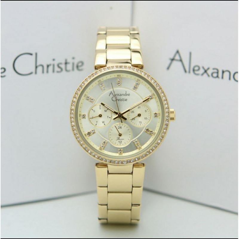 ORIGINAL GARANSI  RESMI JAM TANGAN WANITA ALEXANDRE CHRISTIE FULL GOLD RANTAI STAINLESS STEEL ARLOJI