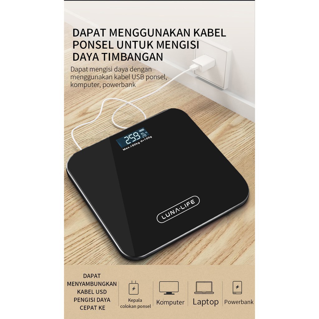 Lunalife Timbangan Badan Digital With USB Charging Anti Pecah With LCD GARANSI 3 TAHUN Official