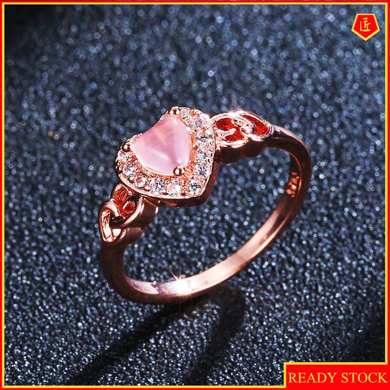 [Ready Stock]Fashion Popular Rose Gold Heart-Shaped Pink Crystal Ring