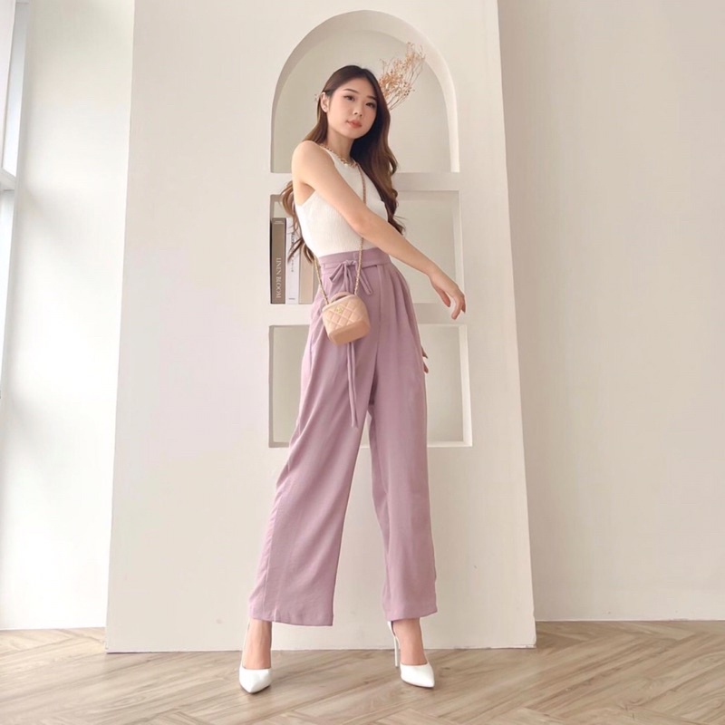 LAZA TIE RIBBON CULLOTES KOREA LONG PANTS / CELANA KULOT WANITA PREMIUM / CELANA KERJA PANJANG FORMAL LILAC , SAGE GREEN WANITA - HADIAH ATAU KADO ULTAH CEWEK