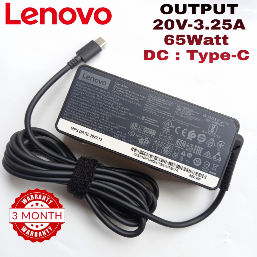 Adaptor Charger Casan Kabel Power Laptop Le 20V-3.25 a 3,.25a 65W 65watt 65 W TIPE Type - C Type-C ADLX65YCC3A  ADLX65YLC3A PA-2650-46 O1FR028 THINGPAD X1 TABLET YOGA 5 910 720 13 INC YOGA 910-13IKB 80VT TOUCH TP L380 L480 L580 X270 X280 USB ORIGINAL