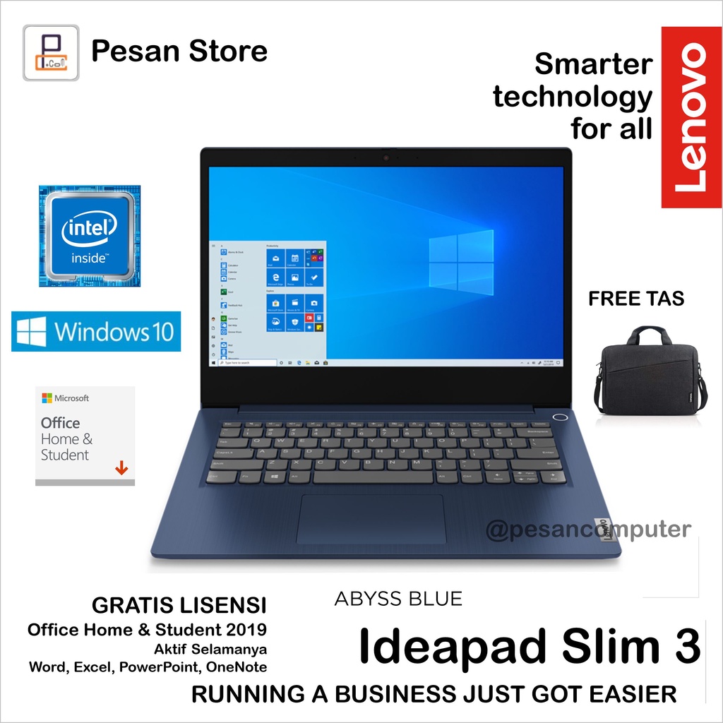 Lenovo IdeaPad Slim 3 14IGL05 INTEL N4020 RAM 4GB 256GB SSD 14 HD Win10 OHS 2019 Garansi Resmi