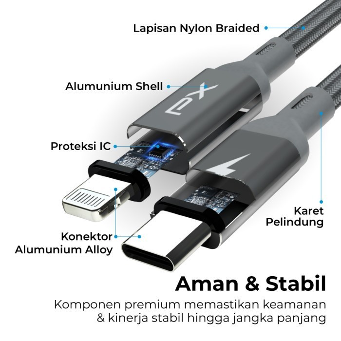 PX UCL-1.8G Kabel Data Charger Type C To Lightning Fast Charging MFi