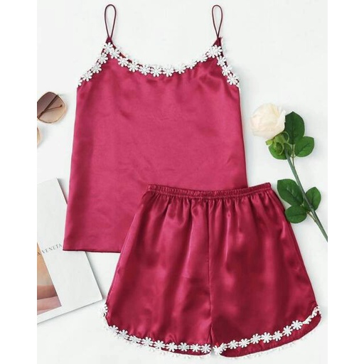 Trijaya . setelan tank top satin import / set tank top renda / baju tidur hotpant renda set amora KD.296