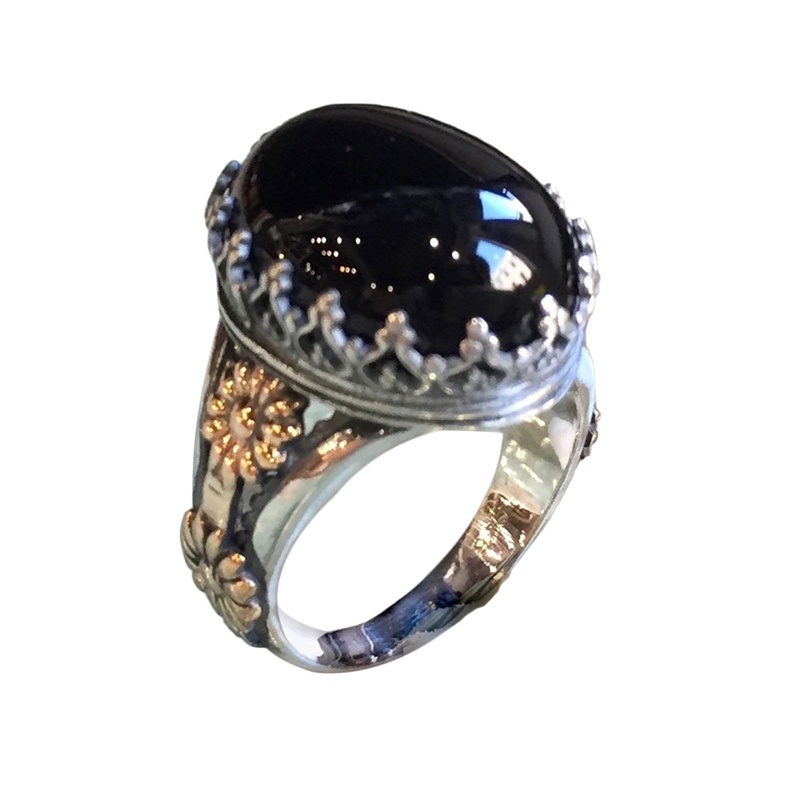 Cincin Sterling Silver 925 Lapis Emas 18K Desain Bunga Hias Batu Permata Hitam Untuk Pria