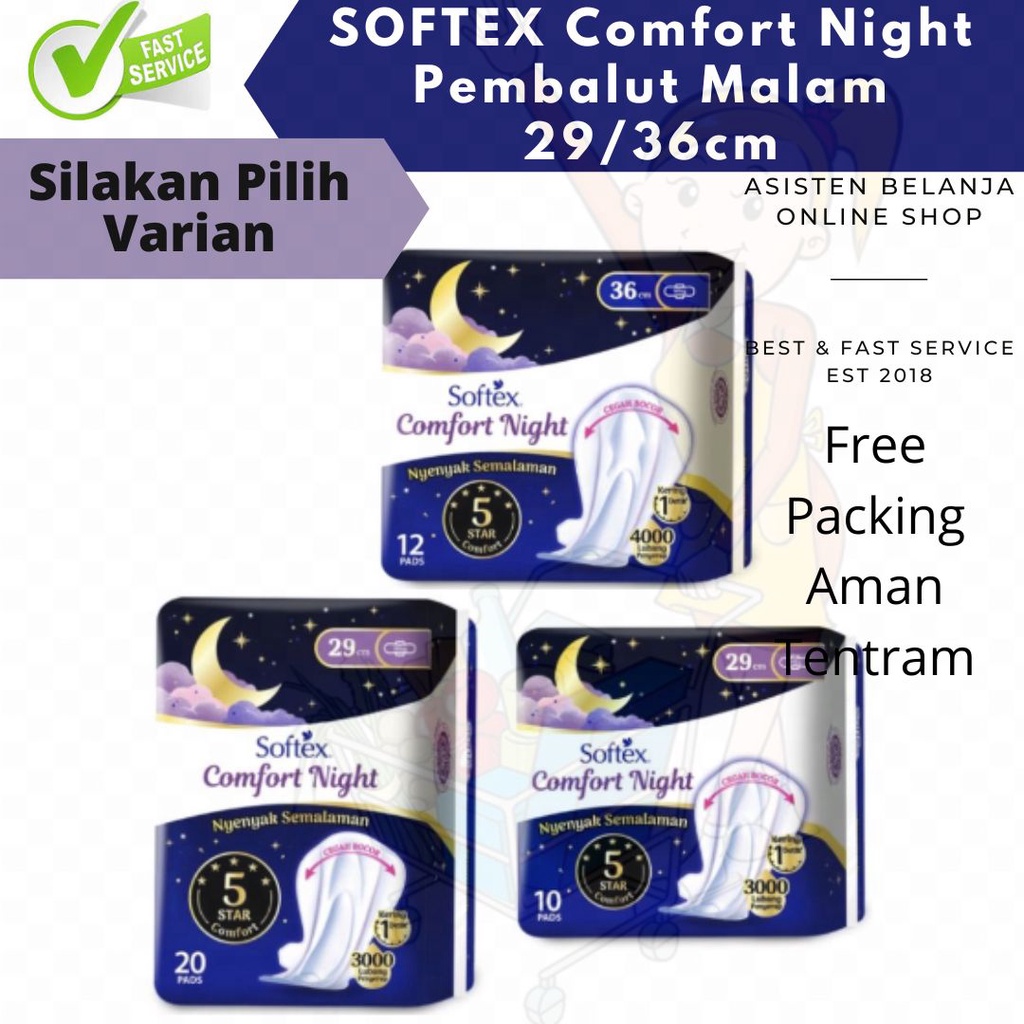 Softex Comfort Night 29 36 42 cm isi 10 20 12 8 pads pembalut malam wing sayap