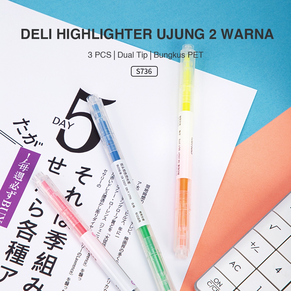 Deli highlighter ujung 2 warna 3pcs/pak 6 warna S736