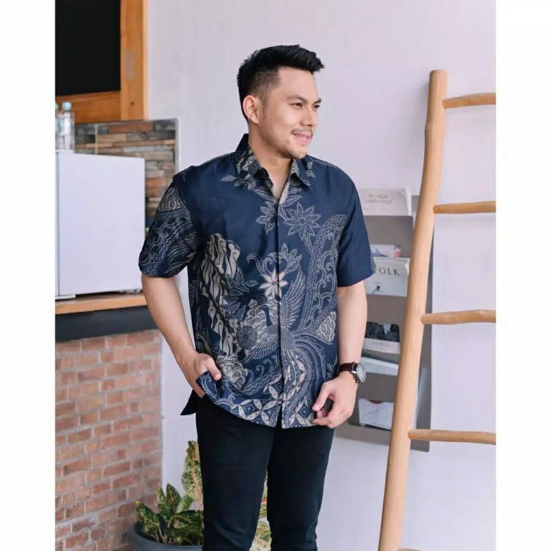 Kemeja Batik Pria Modern Lengan Panjang Pendek Full Furing - Baju Hem Batik Pria Solo Biru navy