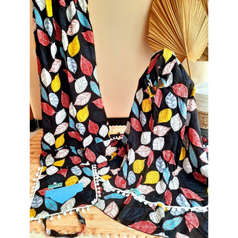 MUKENAH SAJADAH LIPAT ANAK vol. 2 & vol. 3|| MUKENAH RAYON ANAK || MUKENAH ANAK MURAH-Hitam motif daun