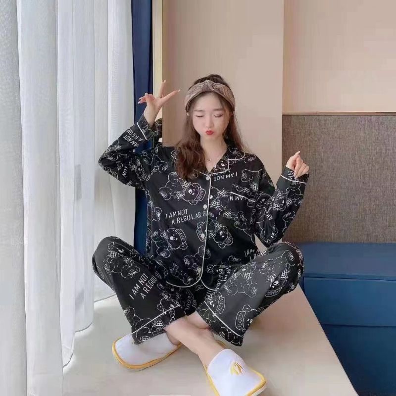 Baju tidur lengan panjang Piyama wanita pp import krah korean style-PP.K LOVE BEAR HITAM
