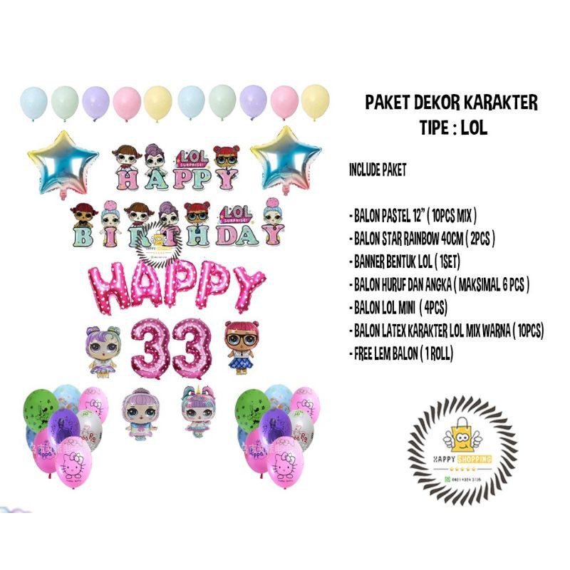 PAKET DEKORASI HBD LOL SET FREE LEM BALON