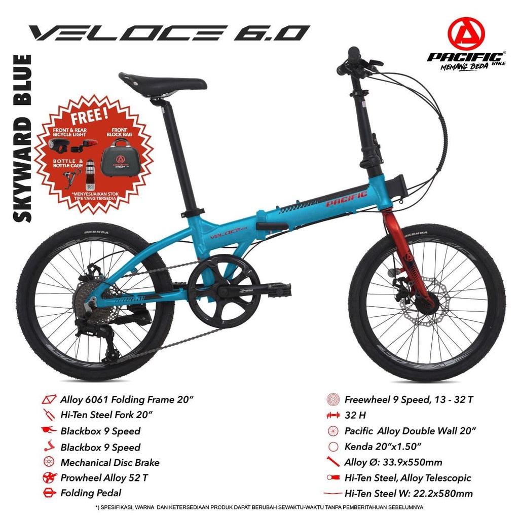 Sepeda Lipat Pacific Veloce 6.0 1x9-MD 20 Inch x 1.50 Inch Alloy 6061 1 x 9 Speed  Mech DB Folding B
