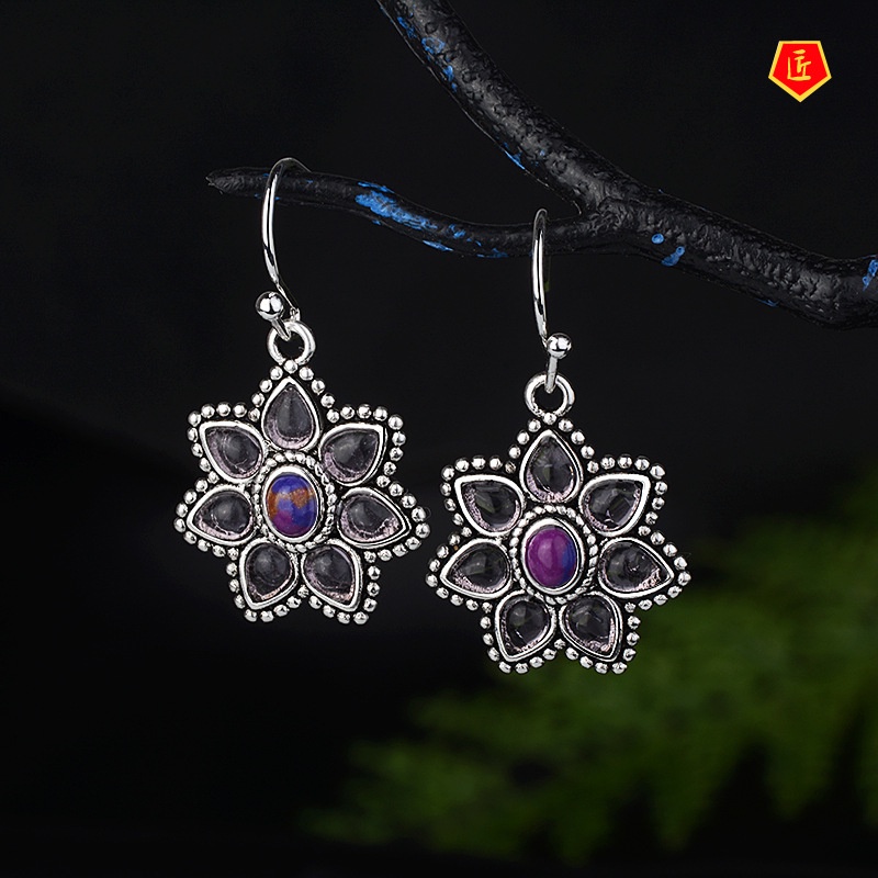 [Ready Stock]Retro Peach Blossom Purple Turquoise Earrings Women