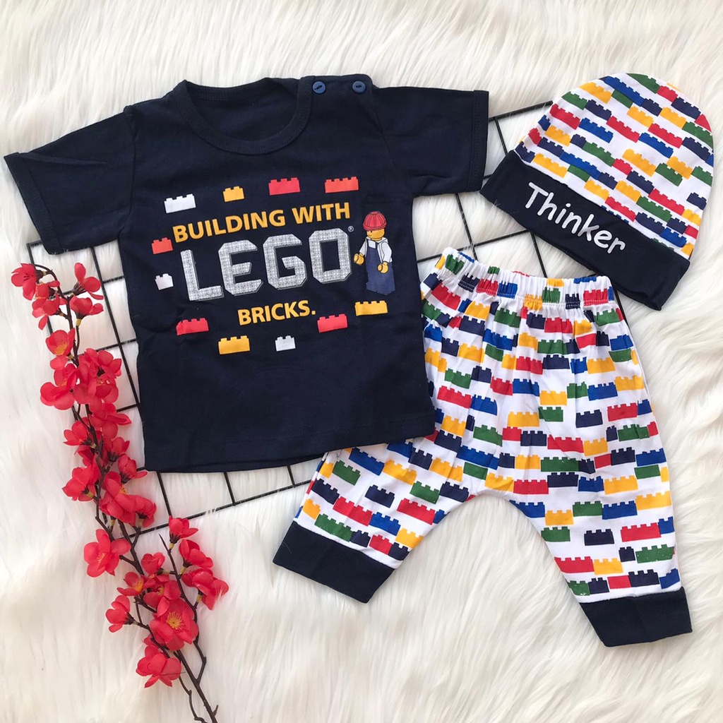 Baju setelan kaos celana topi lucu lego kuning biru merah bestseller anak bayi cowok laki murah -leg