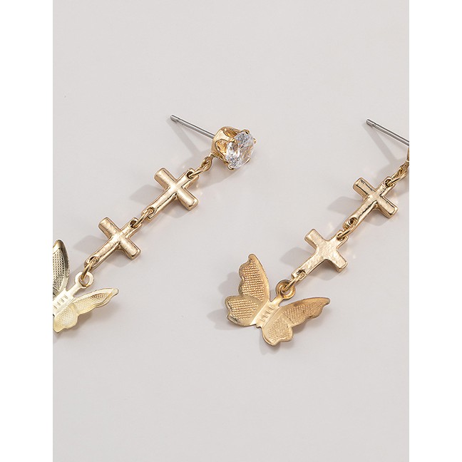 LRC Anting Tusuk Fashion  Butterfly Glass Rhinestone Cross Alloy Earrings K97911