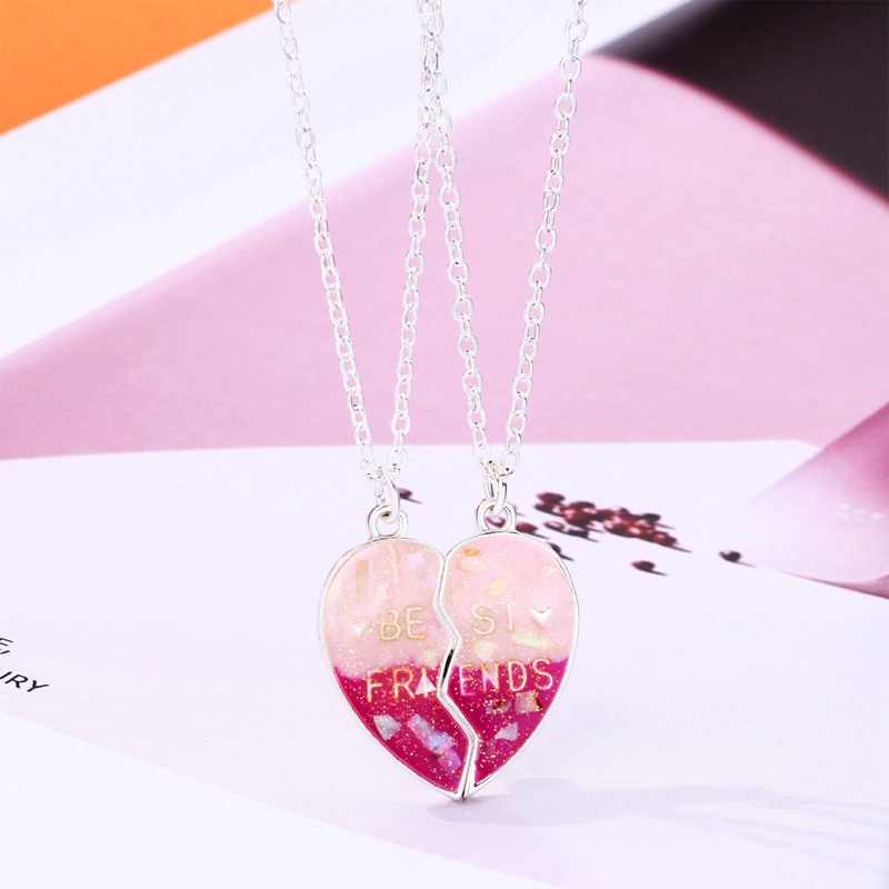 2pcs / Set Kalung Rantai Dengan Liontin Bentuk Hati Untuk Sahabat