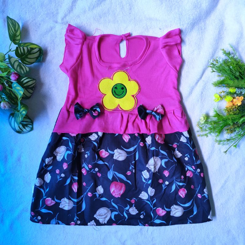 Dress anak cewek 1 2 Tahun perempuan tulip pita kartun smile ( Dress SmileTu)