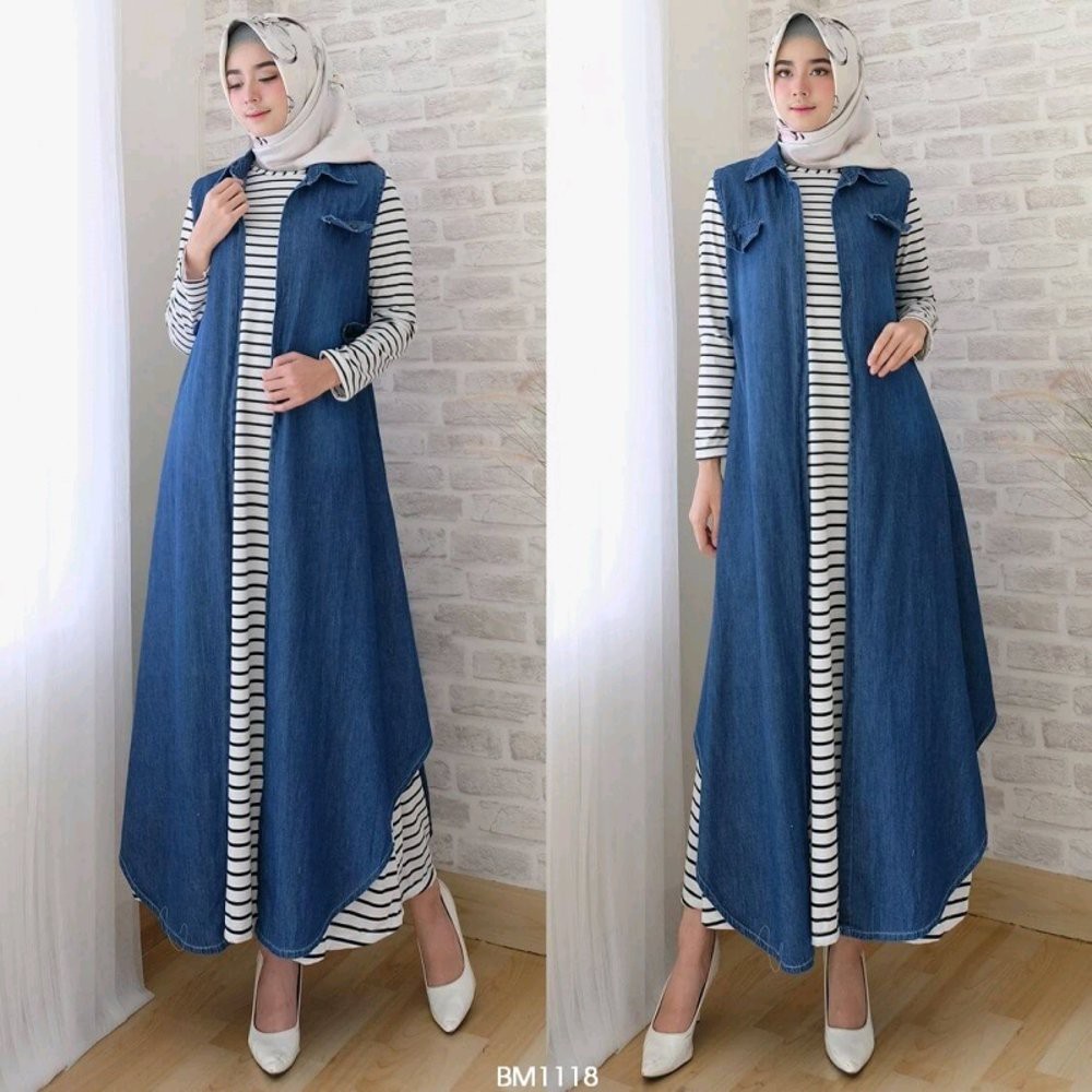 DIJUAL MURAH OUTER SET LONG JEANS LOUSI FIT TO L SETELAN BAJU MUSLIM GAMIS CARDI