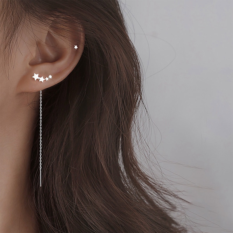 Anting Rantai Rumbai Panjang Bentuk Bintang Warna Silver Untuk Wanita