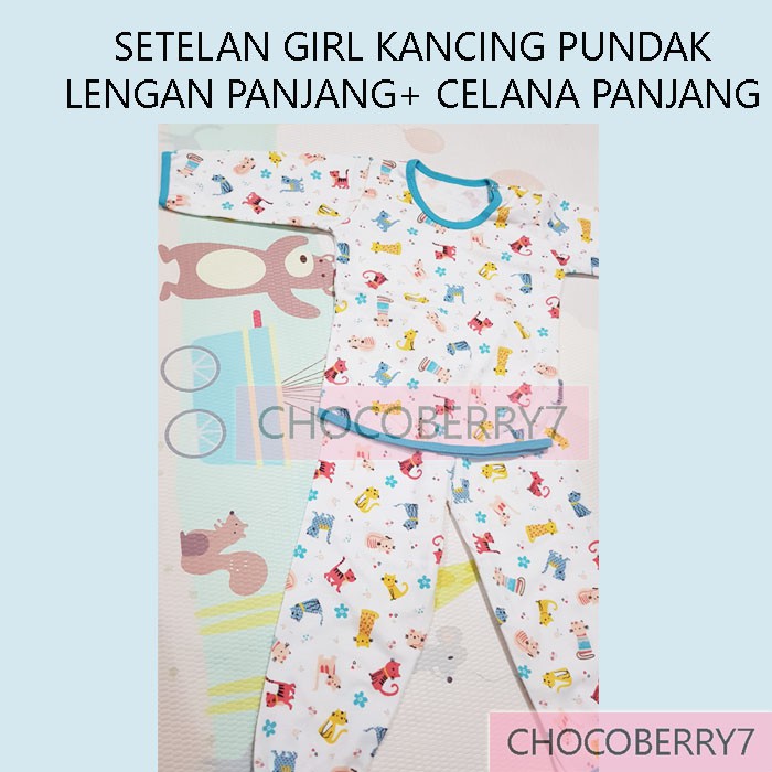 Setelan Baju Bayi Perempuan Anak Lengan Panjang Kancing Depan Pundak + Celana merk LittleQ Little Q