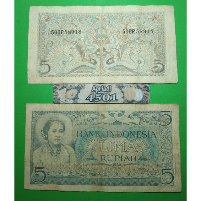 UK158 UANG KUNO ASLI 5 RUPIAH SERI KARTINI/KEBUDAYAAN TAHUN 1952 UANG LAMA KERTAS INDONESIA #VF
