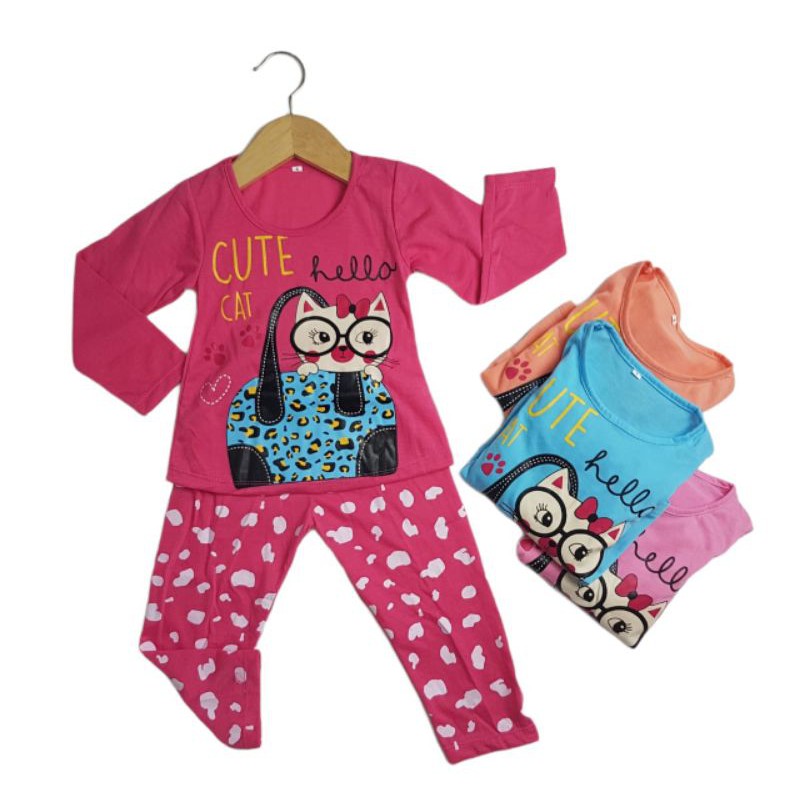 SETELAN BAJU ANAK PEREMPUAN NEW SIKUNING MOTIF HELLO CAT 2-6 TAHUN