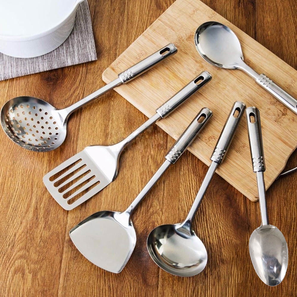 Spatula stainless isi 6 pcs - tahan panas, bisa bikin dalgona candy, ada tirisan, centong, sendok be