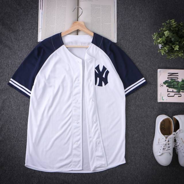 Baju baseball jersey baseball pria wanita NY putih navy