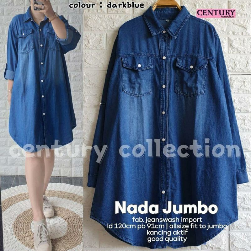 Nada Jumbo, TUNIK JEANS WANITA JUMBO CANTIK FIT XXXL LD 120 BAHAN JEANS WASH IMPORT TERMURAH OOTD MODIS