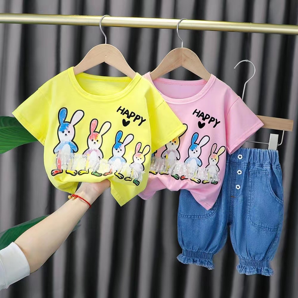 KF CAT Setelan Anak Perempuan Fashion Casual Kaos Rabbit Renda Lengan Pendek + Celana Bawah Karet Style Ala Korea Import Untuk Umur 6 Bulan-4Tahun