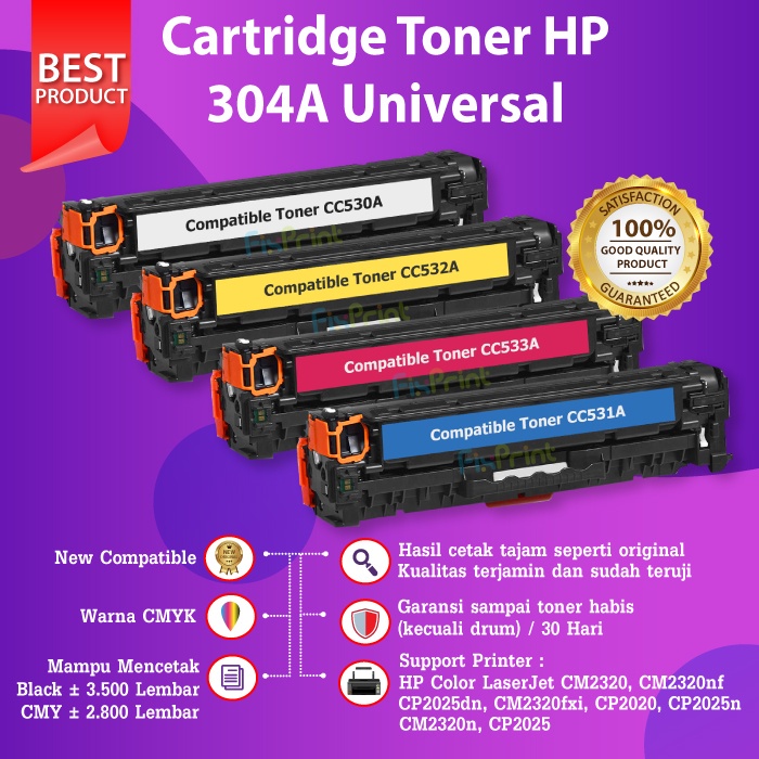 Cartridge Toner Compatible 304A CC530A CC531A CC532A CC533A Black Cyan Magenta Yellow HP CP2025dn