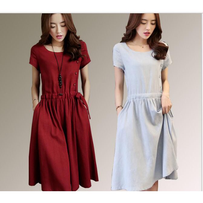 Dress Midi Casual Elegan Bahan Katun Linen Gaya Korea Warna Merah