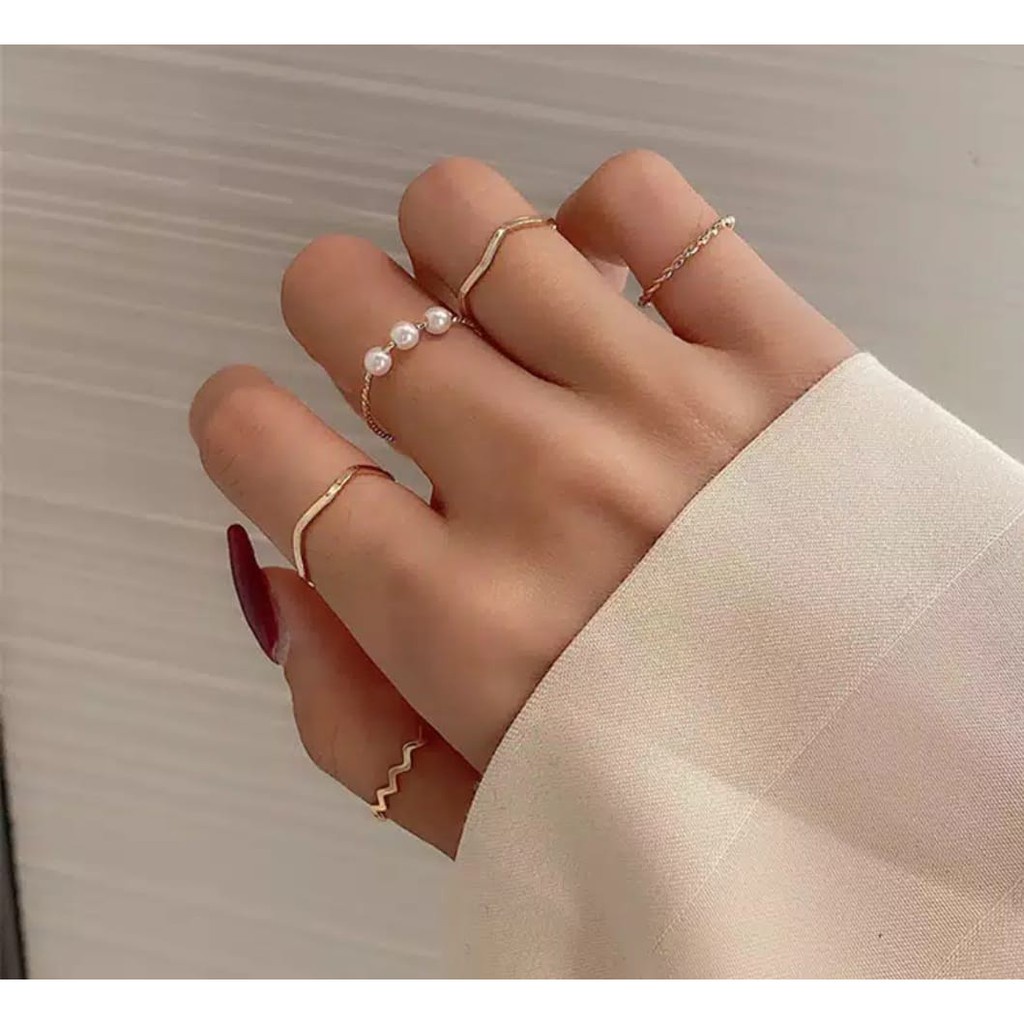 Cincin Set Fashion 5 pcs/set Mutiara Emas Korea Dalika