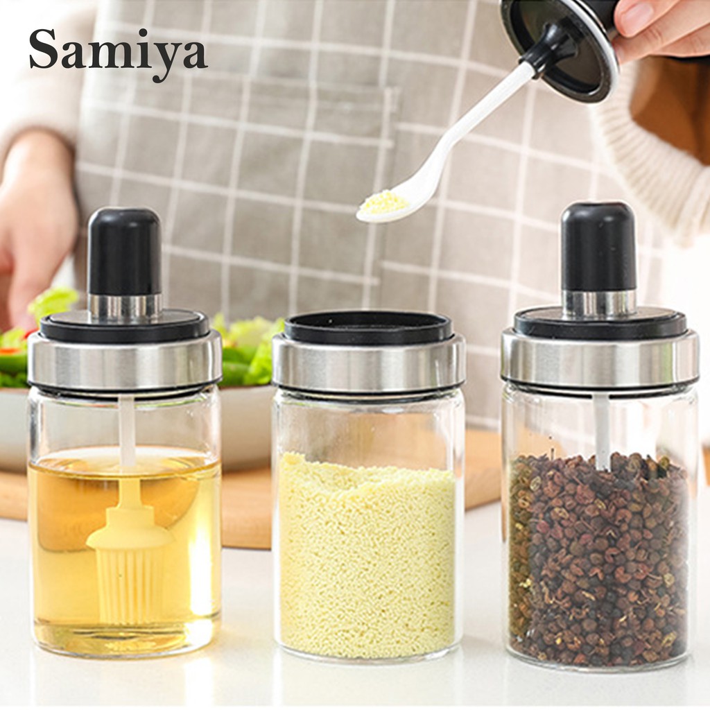 seasoning jar with spoon / toples kaca tempat bumbu dapur