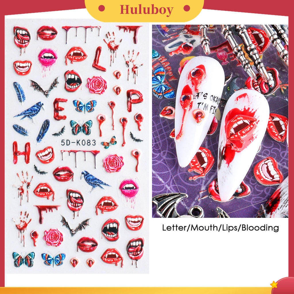 Huluboy Huluboy♡ Stiker Kuku Motif Ukir Luka Bibir Darah 5D Gaya Halloween Untuk Manicure Wanita