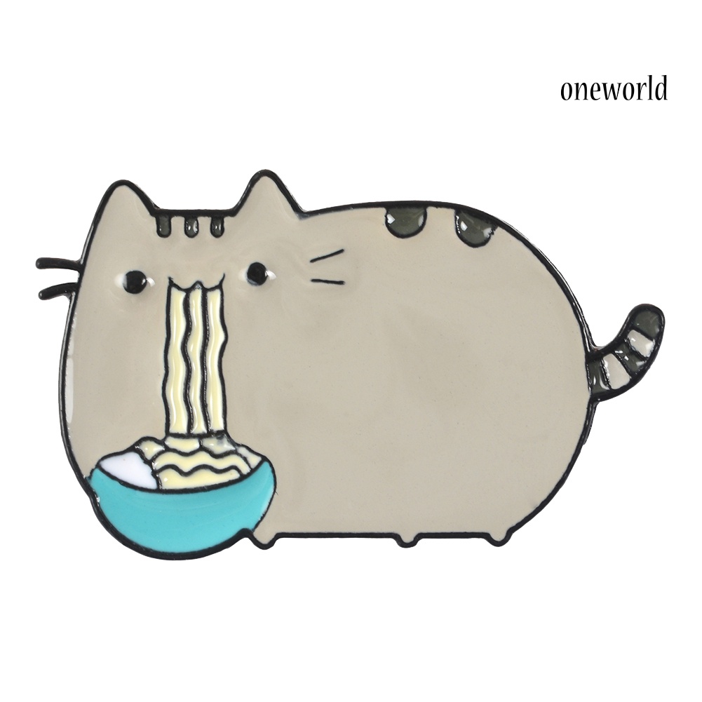 OW@ Cute Cartoon Fat Cat Eat Noodles Enamel Brooch Pin Collar Lapel Badge Jewelry