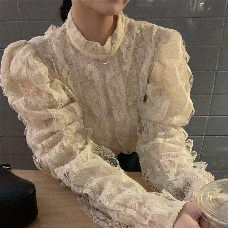 atasan renda import French retro stand collar lace shirt women s sweet and chic fairy top women