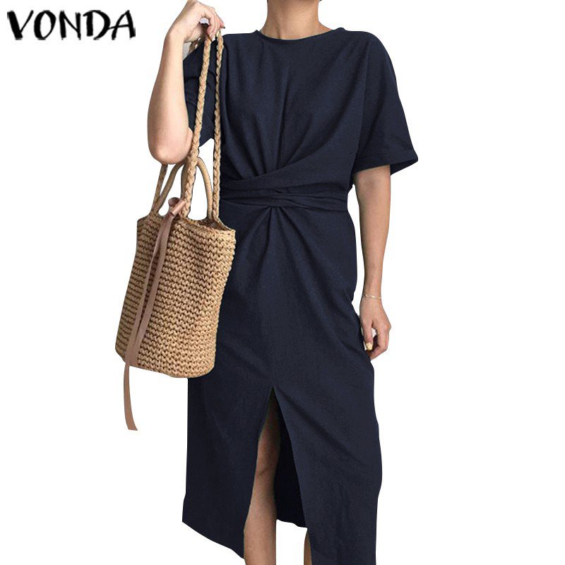 Vonda Womens Baggy Short Sleeve Round Neck Work Slit Wrap Dress