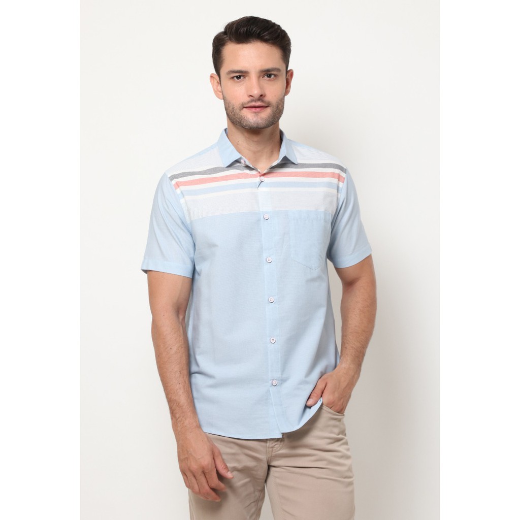 GTS Kemeja Pria Salur Stripe Pendek Warna Biru 1635