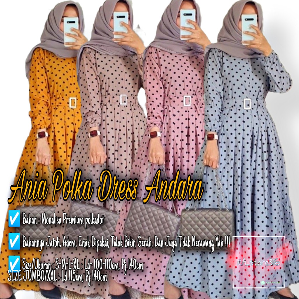 gamis ania dress remaja wanita maxy by spassy ( premium monalisa aksen polkadot )