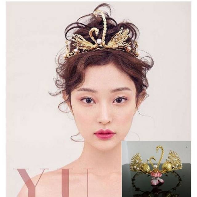 Aksesoris rambut pengantin / mahkota sepasang angsa warna gold