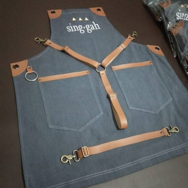 Full apron barista Celemek Cafe Apron barbershop denim retro and synthetic leather varian colour plus bordir logo