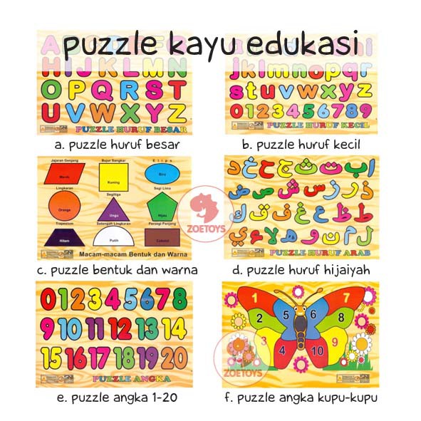 Zoetoys Puzzle Kayu Edukasi SNI | Alphabet Huruf Besar Kecil Abjad Angka Hijaiyah Hewan Geometri Bentuk | Puzzle Anak