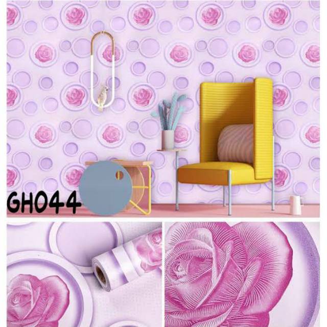 Grosir Murah Wallpaper Sticker Dinding warna dasar pink motif bunga mawar pink dan ungu