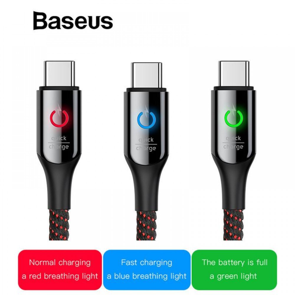 BASEUS ORIGINAL Kabel Data C Shaped Light Intelligent Power Off Type C USB Fast Charging Quick Tipe