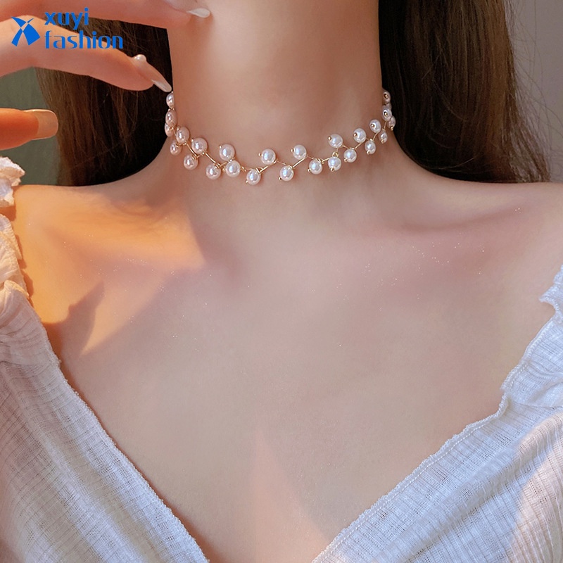 Retro Fashion Pearl Necklaces Elegant Silver Choker Necklace Gold Chain Women Jewelry Accessories Gift