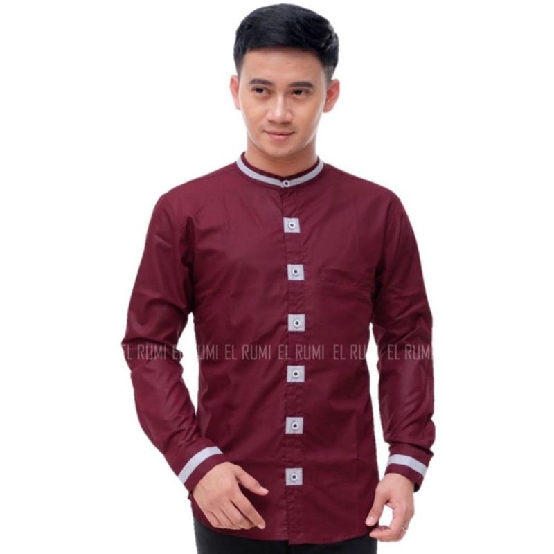 Baju muslim pria dewasa Koko millenial motif kancing kotak kemeja kasual Koko hadroh
